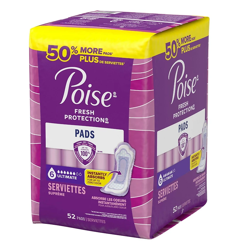 Serviettes d’incontinence et d’incontinence en période post-partum Poise, 6 gouttes absorption suprême, longueur ordinaire, 52 unités