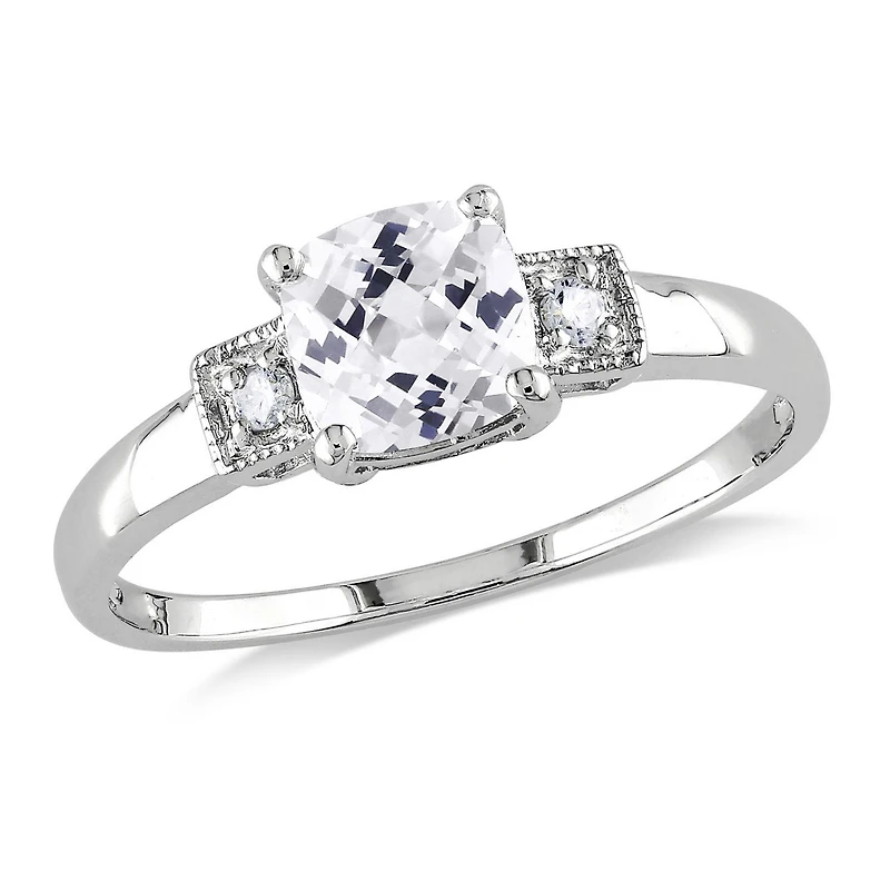Bague de fiançailles Miabella avec 1.25 carat de saphir blanc synthétique de coupe coussin et diamant en argent sterling
