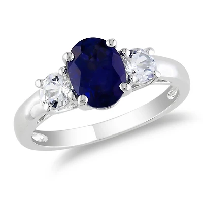 Tangelo 2.63 Carat T.G.W. Oval and Round-Cut Created Blue and White Sapphire Sterling Silver Three-Stone Engagement Ring