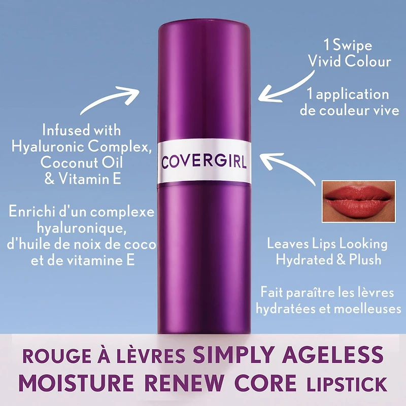 COVERGIRL Rouge à lèvres Simply Ageless Moisture Renew Core Enrichi d'un complexe hyaluronique, d'huile de noix de coco et de vitamine E 4.2g avec acide hyaluronique