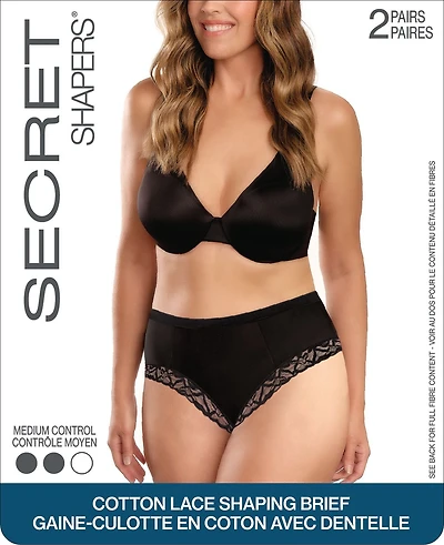 SECRET SHAPERS® Culotte gainante en coton et dentelle 2 Paires Tailles: M à TG