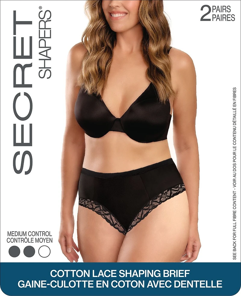 SECRET SHAPERS® Cotton and Lace Shaping Brief 2 Pairs, Sizes:  M to XL