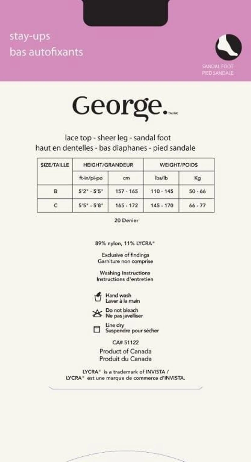 Bas autofixants avec pied sandale George pour femmes Tailles B, C