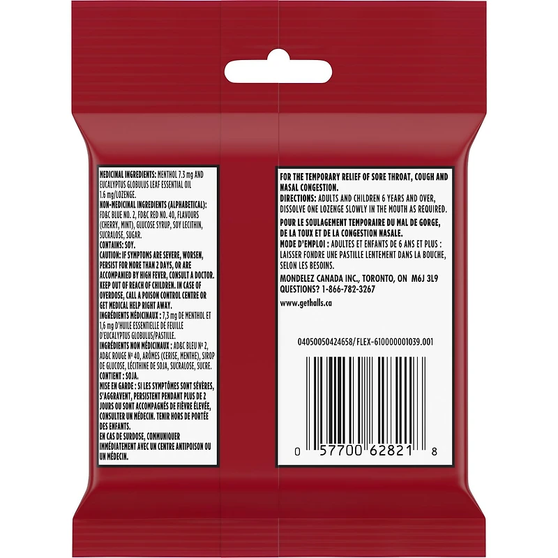 HALLS, pastilles à saveur de cerise, pastilles, apaisent le mal de gorge, mentho-lyptus 4 bâtonnets x 9 pastilles