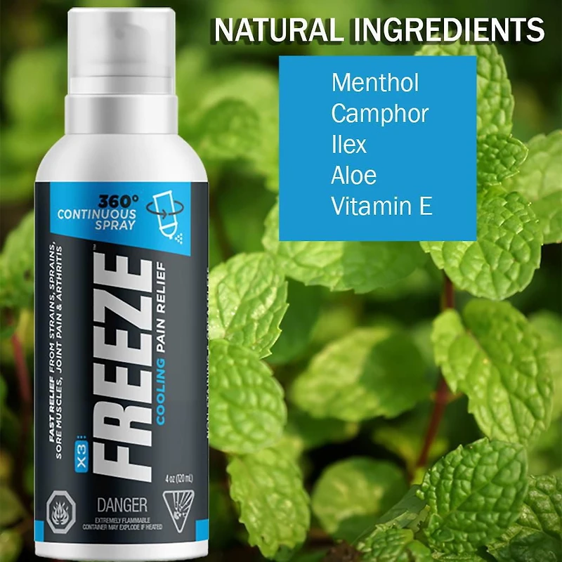 X3 Freeze Cold Therapy Pain Relief | 360 Degree Continuous Spray | For Strains & Sprains, Sore Muscles, Backache, Waist, Shoulder & Neck Pain, and More | Non-Staining | Natural Pain relief, 120ml Spray