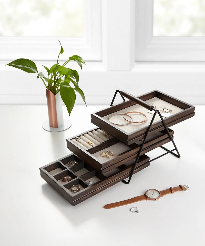 Umbra Terrace Tray. Plateau De Rangement Pour Bijoux Terrace. En Bois, Finition Noyer. 3 Plateaux. Dimension : 25,4 X 17,8 X 20.6Cm