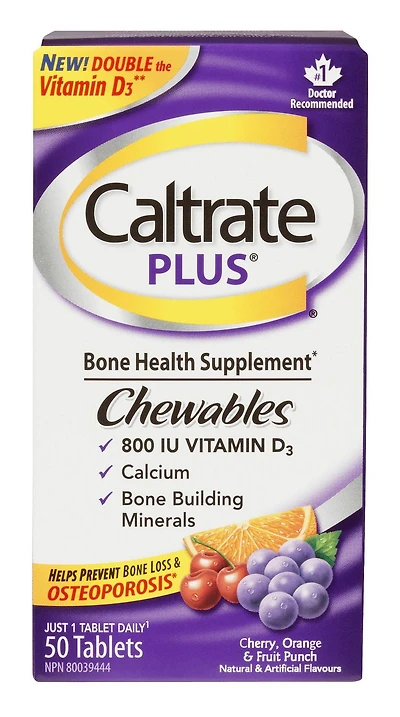 Caltrate plus Chewable Bone Health Supplement, 50 Tablets, Cherry, Orange & Fruit Punch