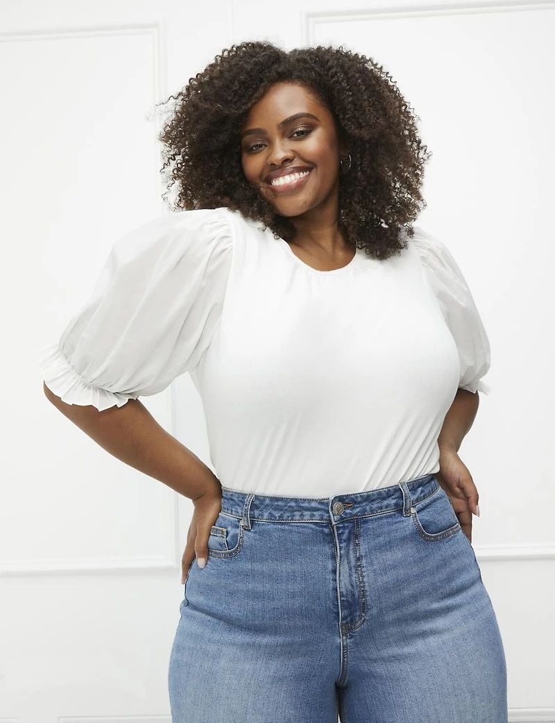 ELOQUII Elements T-shirt à manches bouffantes grande taille pour femmes avec volants