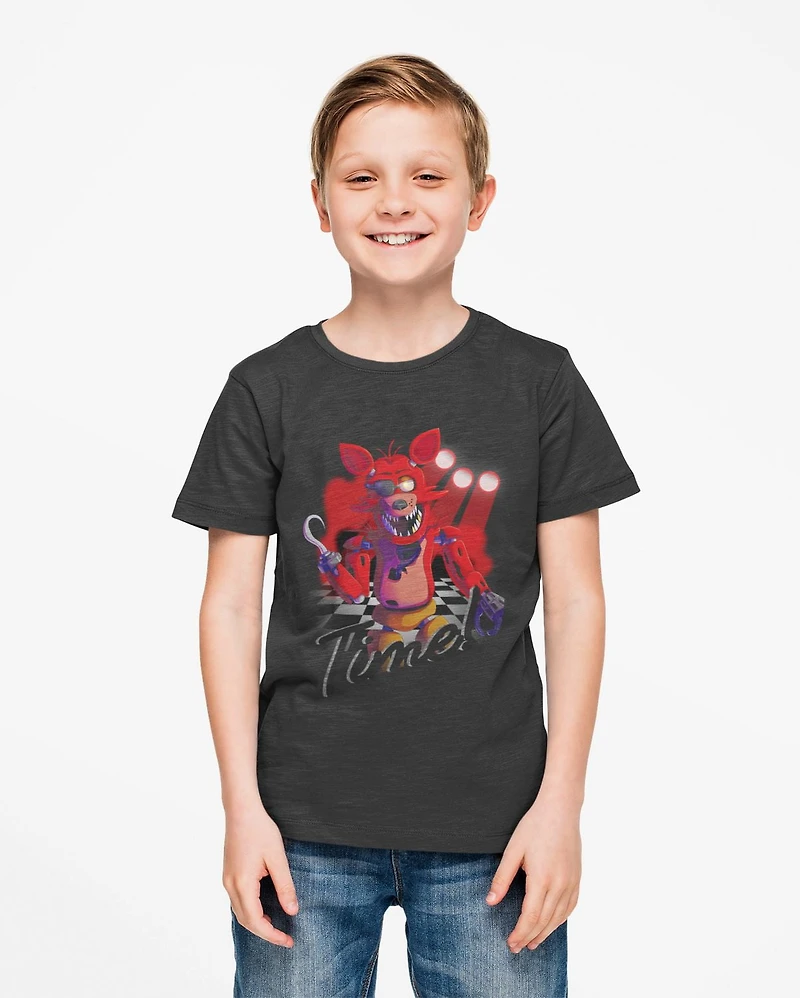 Five Night at Freddy's Boy's basic tee shirt. This boys crew neck tee shirt has short sleeves and a trendy print and