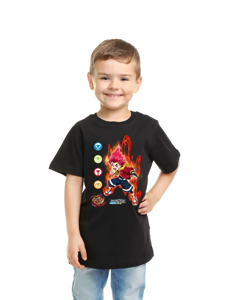 Beyblade T-shirt de base pour garçon. Ce t-shirt à col rond pour garçons a des manches courtes et un imprimé tendance et Tailles TP à TG
