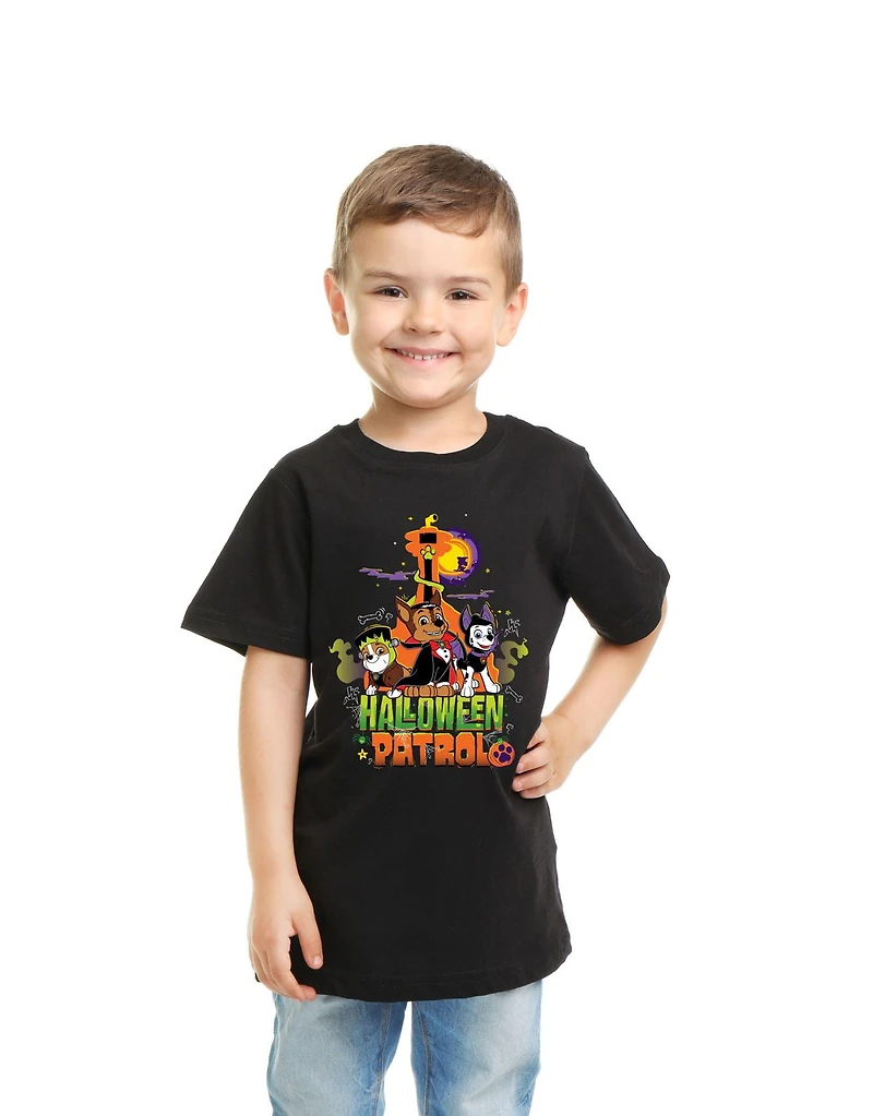 Paw Patrol Boy's basic tee shirt. This boys crew neck tee shirt has short sleeves and a trendy print and