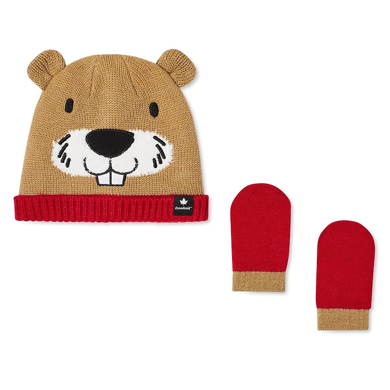 Ensemble 2 pièces avec tuque et mitaines à personnage Canadiana collection non genrée pour enfants