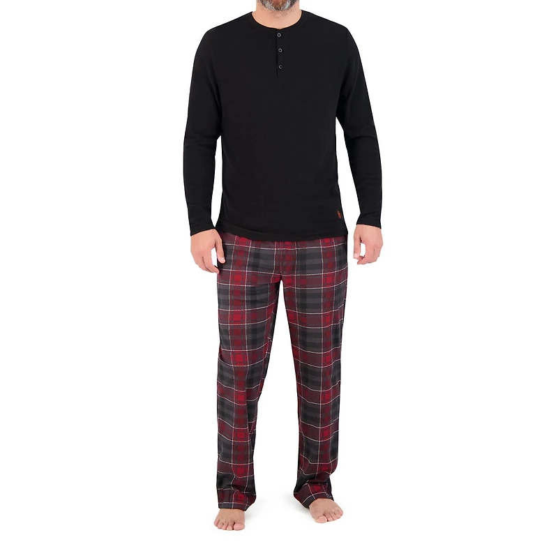 U.S. POLO ASSN. Men's Sleepwear Set Long Sleeve Waffle Henley Lounge Top and Soft Sleep Pajama Pant