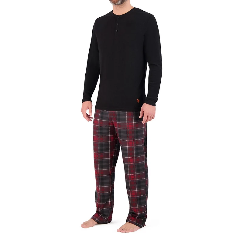 U.S. POLO ASSN. Men's Sleepwear Set Long Sleeve Waffle Henley Lounge Top and Soft Sleep Pajama Pant
