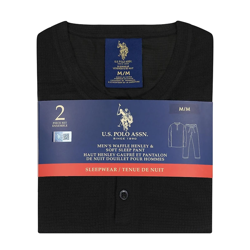 U.S. POLO ASSN. Men's Sleepwear Set Long Sleeve Waffle Henley Lounge Top and Soft Sleep Pajama Pant