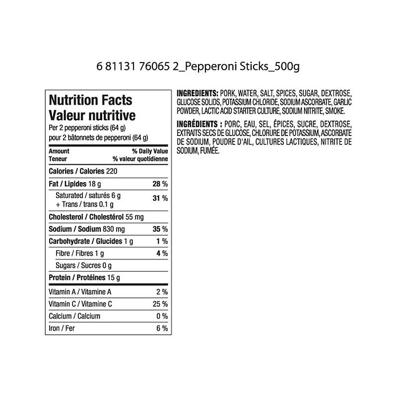 Bâtonnets de peppéroni doux de Great Value 500g