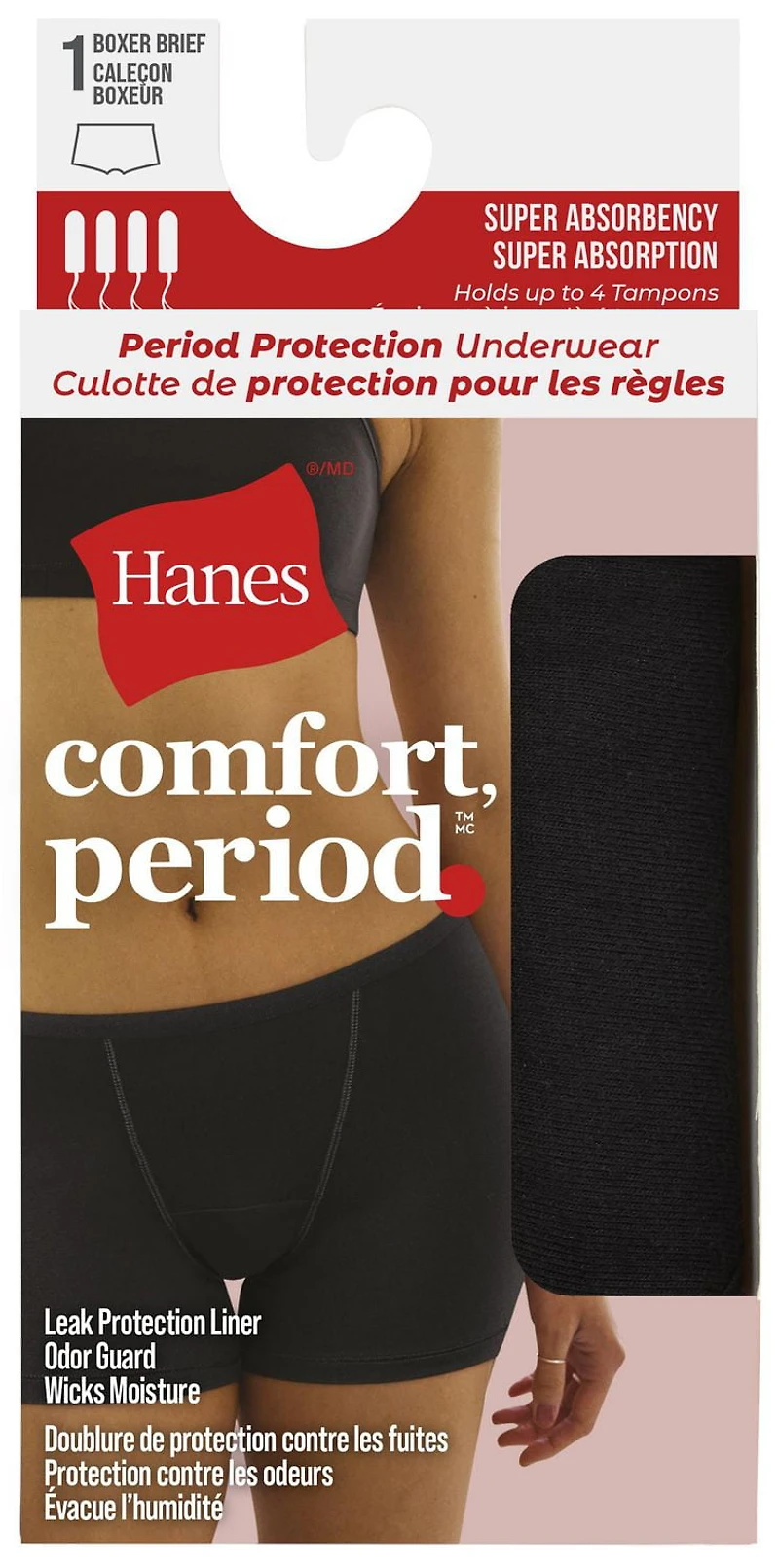 Hanes Comfort, Period. Super Leak Protection Boyshort, 1-Pack, Sizes S - 2XL
