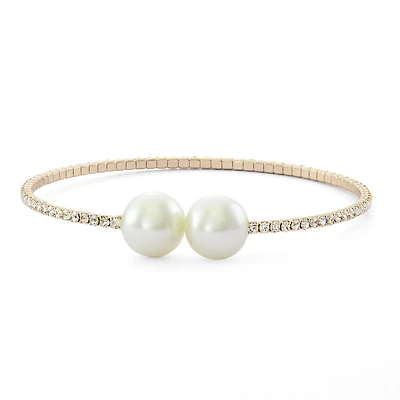 Quintessential 14k Gold Plated Single Row Simulated Pearl and Crystal Womens Bangle