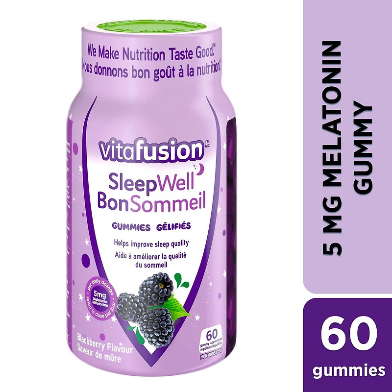 Vitafusion SleepWell Gummies - Melatonin Gummy Supplement, Helps Improve Sleep Quality, Minimizes the Effects of Jetlag, Re-set Sleep-Wake Cycle, 5 g of Melatonin per Serving, 60 Count