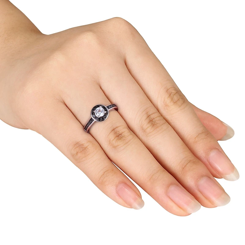 Bague de fiançailles Miadora avec 0.50 carat de saphir blanc synthétique et 0.25 carat diamant noir en halo en or blanc 10k