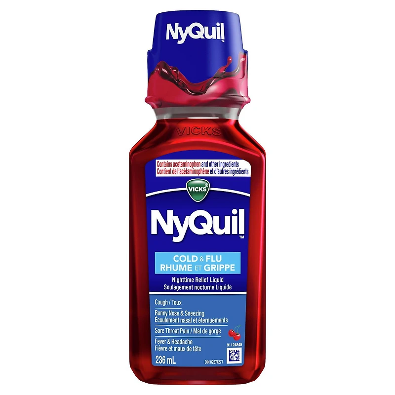 Vicks NyQuil rhume, grippe, cerise, soulagement nocturne, maux de tête, fièvre, mal de gorge, douleurs mineures, écoulement nasal, toux 236ML