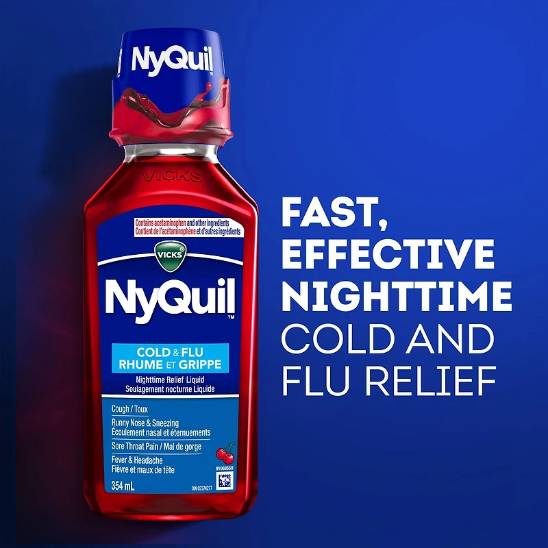 Vicks NyQuil rhume, grippe, cerise, soulagement nocturne, maux de tête, fièvre, mal de gorge, douleurs mineures, écoulement nasal, toux 236ML