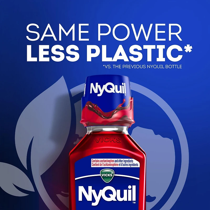 Vicks NyQuil rhume, grippe, cerise, soulagement nocturne, maux de tête, fièvre, mal de gorge, douleurs mineures, écoulement nasal, toux 236ML
