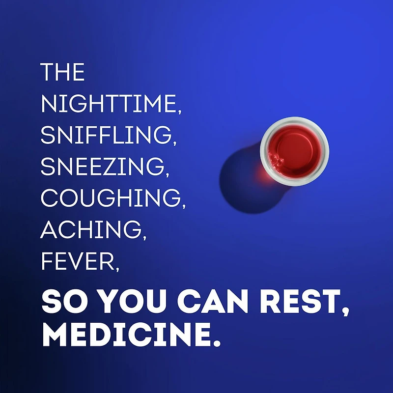 Vicks NyQuil rhume, grippe, cerise, soulagement nocturne, maux de tête, fièvre, mal de gorge, douleurs mineures, écoulement nasal, toux 236ML