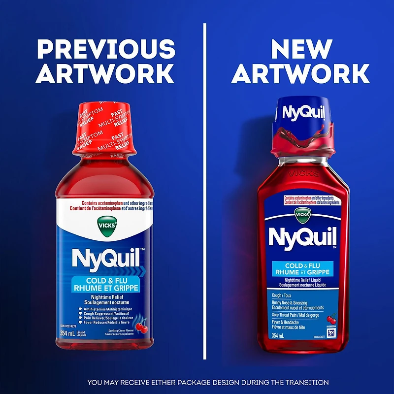 Vicks NyQuil rhume, grippe, cerise, soulagement nocturne, maux de tête, fièvre, mal de gorge, douleurs mineures, écoulement nasal, toux 236ML