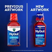 Vicks NyQuil rhume, grippe, cerise, soulagement nocturne, maux de tête, fièvre, mal de gorge, douleurs mineures, écoulement nasal, toux 236ML