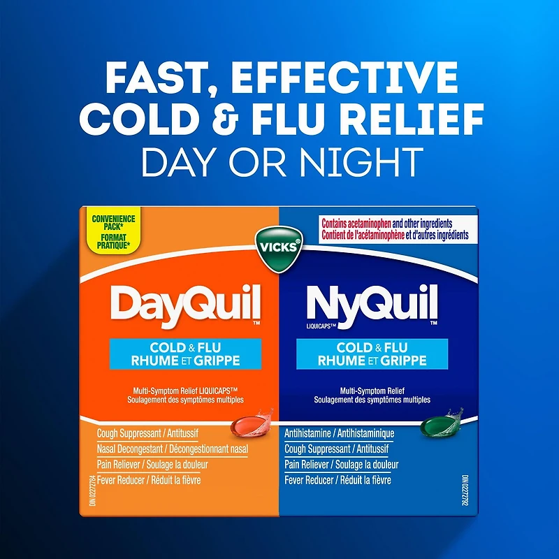 Vicks DayQuil and NyQuil Cold and Flu Symptom Relief, Liquicap Medicine, Multi-Symptom Daytime and Nighttime Relief for Headache, Fever, Sore Throat Pain, Minor Aches and Pains, and Cough, Convenience