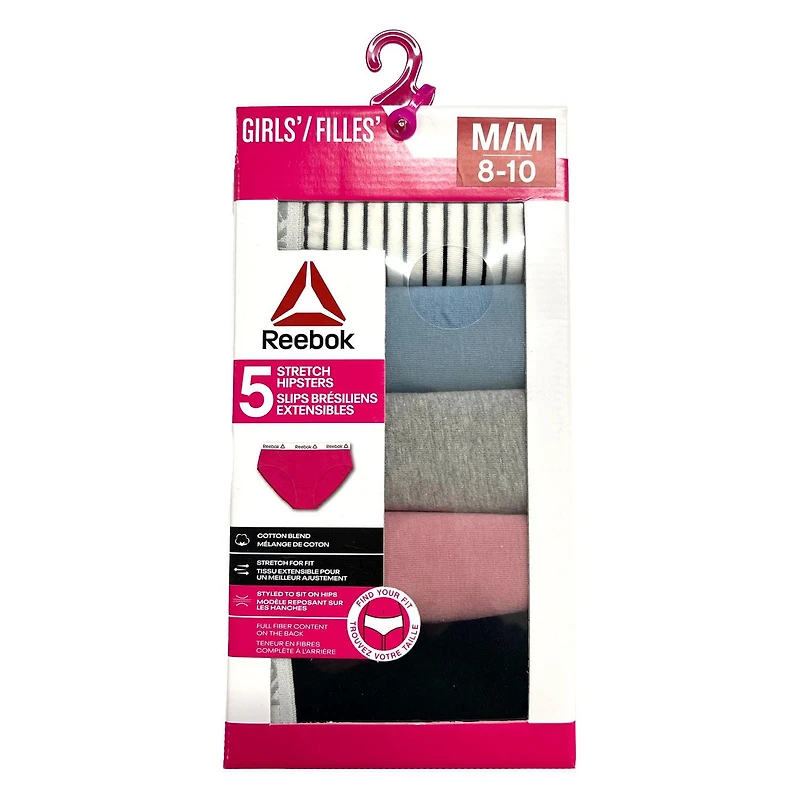 Reebok Girls' 5 Pack Cotton Stretch Hipster, Size S-XL