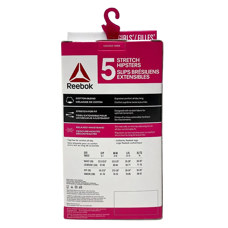Reebok Girls' 5 Pack Cotton Stretch Hipster, Size S-XL