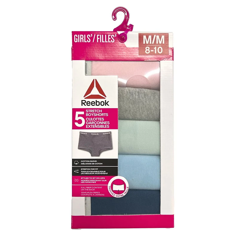 Reebok Girls' 5 Pack Cotton Stretch Boyshort, Size S-XL