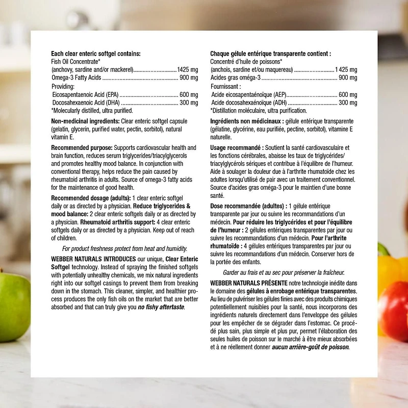 Webber Naturals®  Triple Strength Omega-3, 900 mg, 80 Clear Enteric soft gels, Supports Heart and Mind, EPA/DHA 80 Clear Enteric Softgels