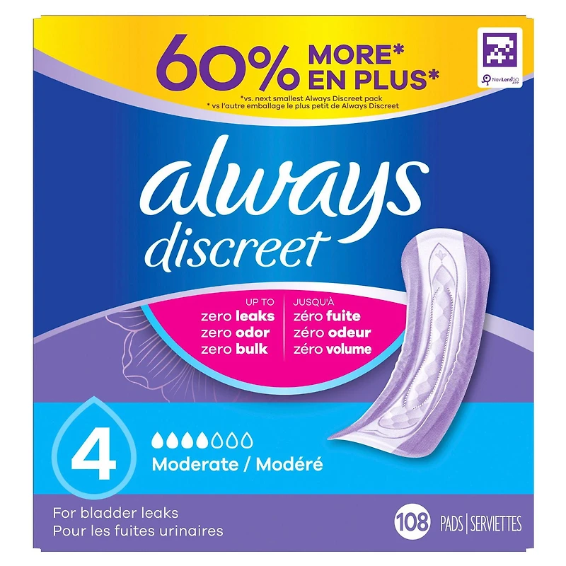 Always Discreet Adult Incontinence Pads for Women, Moderate Absorbency, Regular Length, Postpartum Pads, 108CT