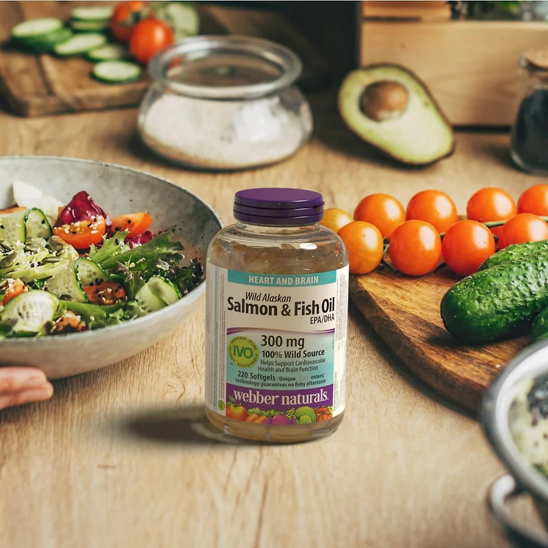 Webber Naturals® Wild Alaskan Salmon & Fish Oil, 300 mg EPA/DHA, Supports Heart and Brain, 220 Clear Enteric Softgels