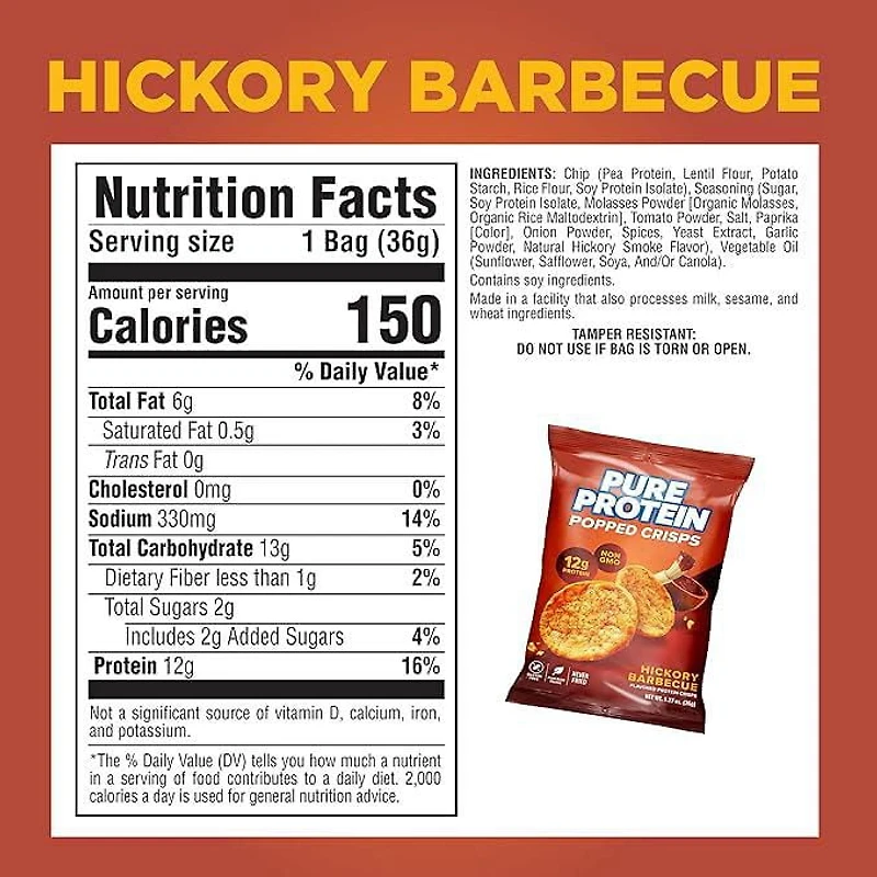 PURE PROTEIN POPPED CRISPS HICKORY BBQ 36G, High protein and great taste!