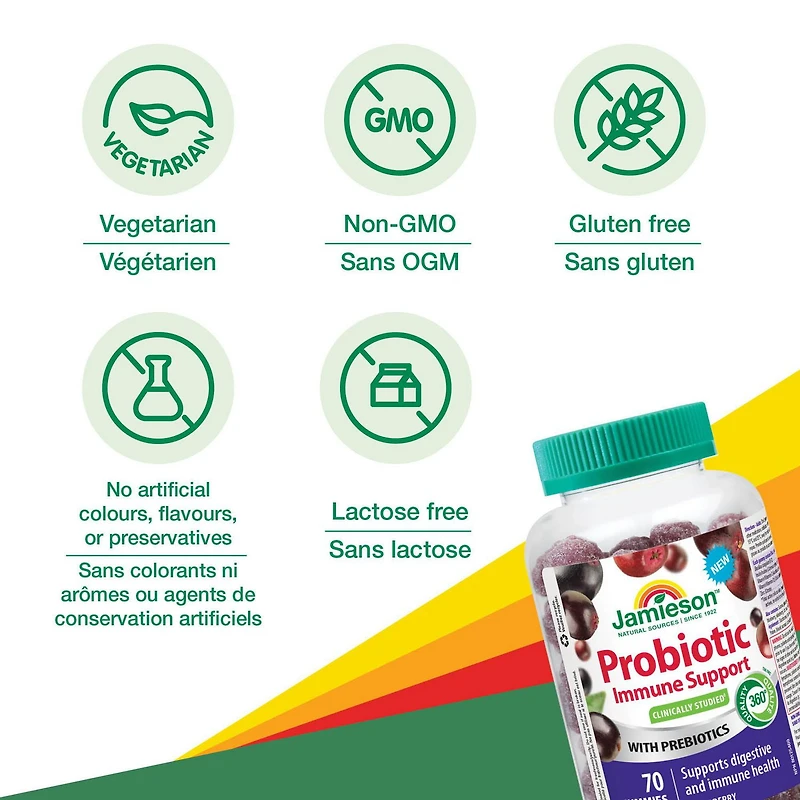 Jamieson gummies probiotiques et soutien immunitarie, baie de surea, 70 gummies