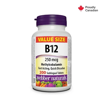 Webber Naturals Vitamine B12 250 mcg méthylcobalamine 200 comprimés sublinguaux