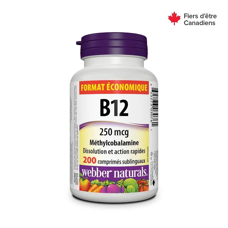 Webber Naturals Vitamine B12 250 mcg méthylcobalamine 200 comprimés sublinguaux