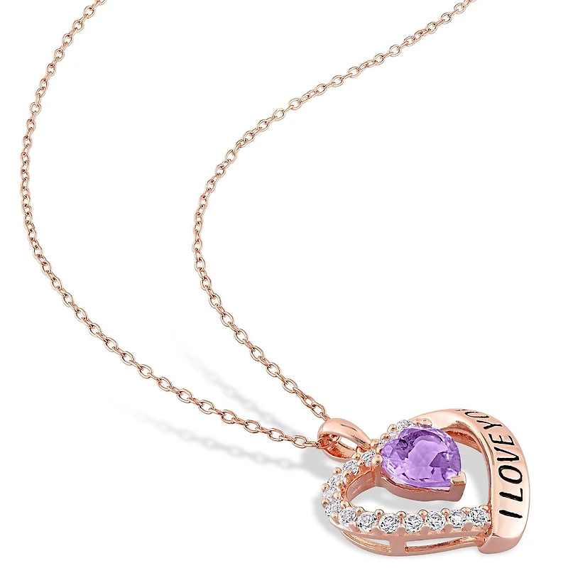 Miabella 1-5/8 Carat T.G.W. Amethyst and White Topaz Rose Rhodium-Plated Sterling Silver Heart "I Love You" Necklace