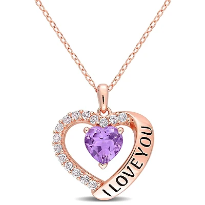 Miabella 1-5/8 Carat T.G.W. Amethyst and White Topaz Rose Rhodium-Plated Sterling Silver Heart "I Love You" Necklace