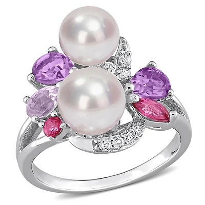 Miabella Cultured Freshwater Pearl and 1-3/8 Carat T.G.W. Multi Color Gemstone Sterling Silver Cocktail Cluster Ring
