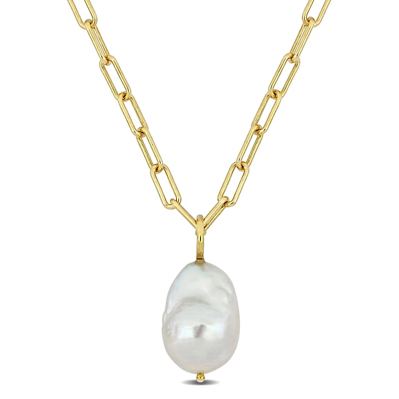 Miabella Fancy Cultured Freshwater Pearl 18kt Yellow Gold Plated Sterling Silver Oval Link Chain Necklace