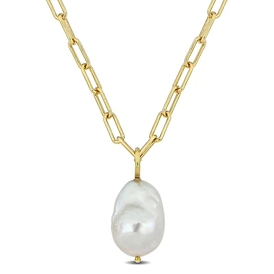 Miabella Fancy Cultured Freshwater Pearl 18kt Yellow Gold Plated Sterling Silver Oval Link Chain Necklace