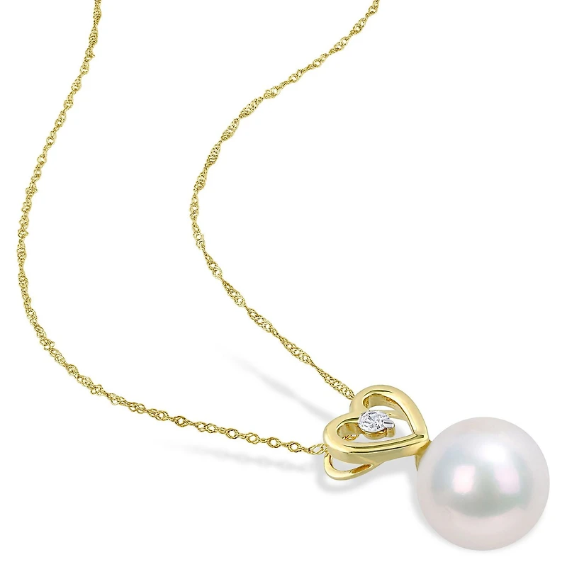 Miabella Freshwater Cultured Pearl and Diamond Accent 10K Yellow Gold Heart Drop Necklace