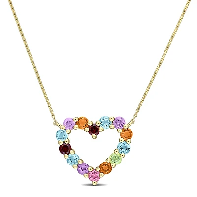 Miabella 1 Carat T.G.W.  Multi-Color Gemstones 10K Yellow Gold Open Heart Necklace