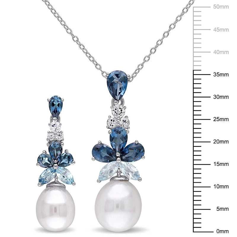 Miabella 2-Piece Set Freshwater Cultured Pearl, Blue Topaz, White Topaz Sterling Silver Dangle Earrings and Necklace