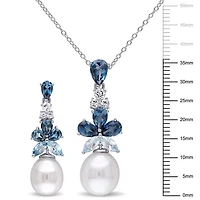 Miabella 2-Piece Set Freshwater Cultured Pearl, Blue Topaz, White Topaz Sterling Silver Dangle Earrings and Necklace